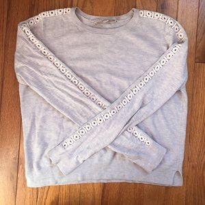 LOFT Eyelet Lace Sleeve Grey Cropped Sweater